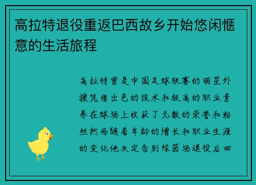 高拉特退役重返巴西故乡开始悠闲惬意的生活旅程